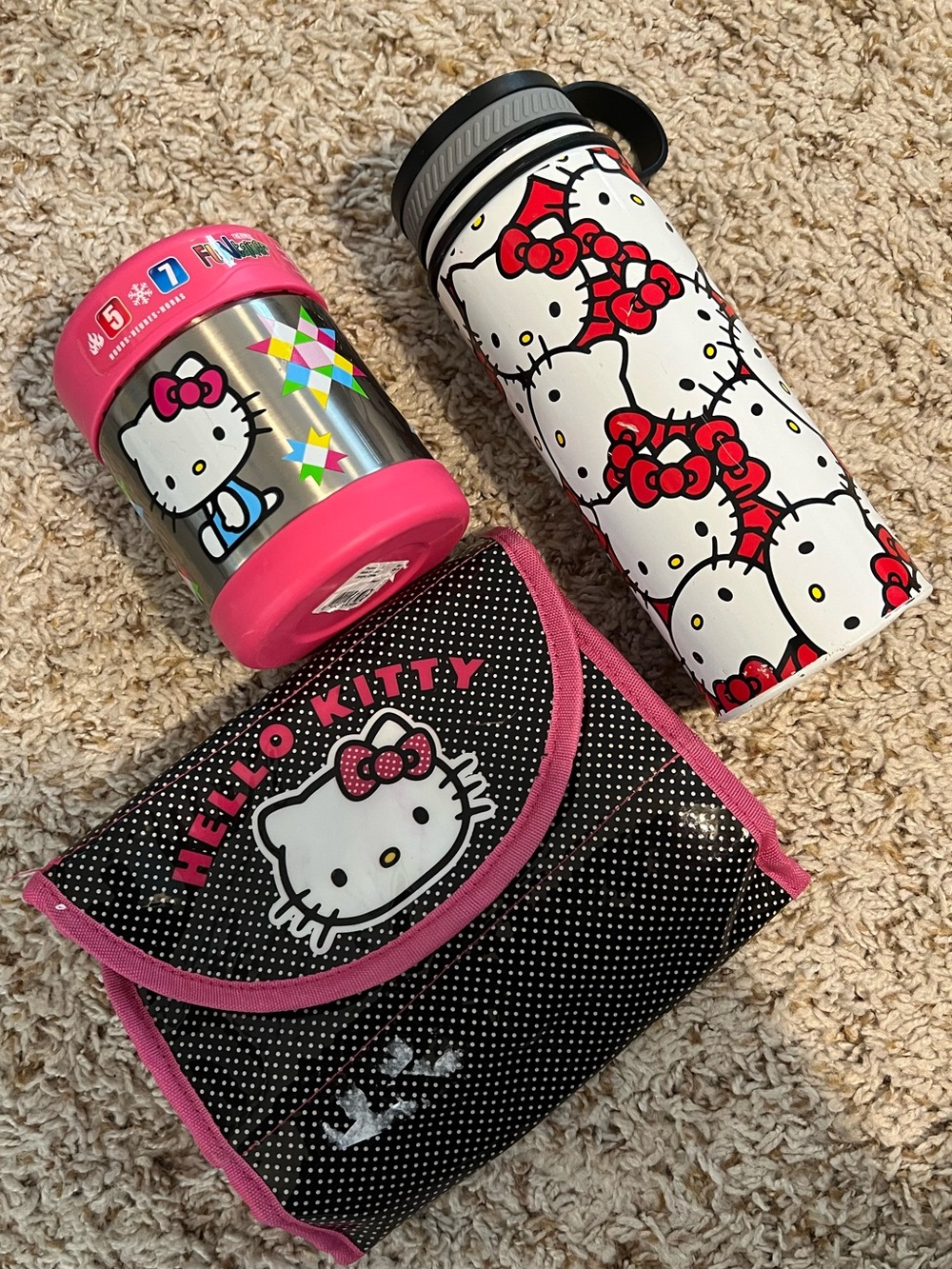 Lot of 3 Hello Kitty 10 oz thermos 12 oz water bottle & roll up organizer